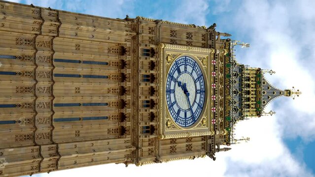 Close vertical view of the Elizabeth Tower of the Westminster Palace in London downtown, United Kingdom