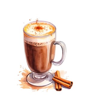 Watercolor illustration of a glass of latte on white background.