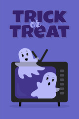 Trick Or Treat Vector Poster. Cute Halloween Ghosts Flying out of a TV. Greeting Card or Invitation. Flat Cartoon style