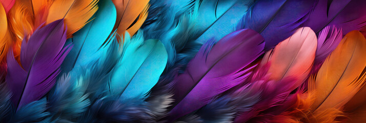 Fototapeta na wymiar Beautiful multi-colored feathers of a fantastic bird, banner of colorful feathers