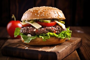 a classic beef burger with lettuce, tomato and cheese