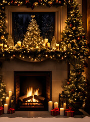 Cozy Christmas fireplace extreme closeup dark cinematic.