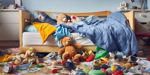 Toys scattered, clothes thrown around, and an unmade bed, representing the joyful untidiness of childhood , concept of Imagination