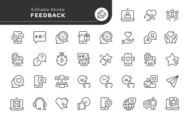 Feedback. Like, review and comment on Internet content. User opinion and survey. Line icon set. Web icons in linear style. Vector icon pack. 
