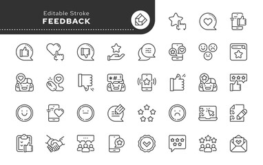 Feedback. Like, review and comment on Internet content. User opinion and survey. Line icon set. Web icons in linear style. Vector icon pack. 