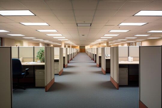 empty office with rows of unoccupied cubicles