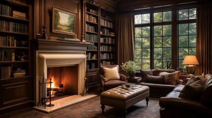 A private study boasting built-in shelves and an inviting, crackling fireplace.