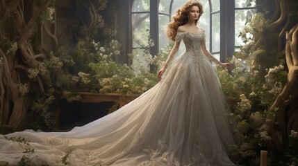 Fototapeta premium a bridal gown with a flowing, ethereal quality, perfect for a fairy tale-themed wedding