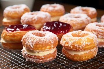 a fleet of jelly-filled donuts on a bakery cooling rack