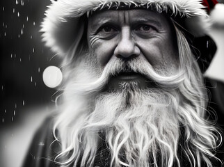 Cozy Santa closeup rain blackwhite detail cinematic.