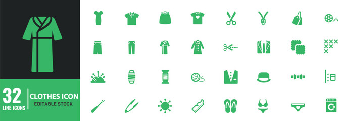 Cloths Icon set Editable Stroke.  jacket, coat, tie, shirt, cap, skirt, shorts minimal vector illustrations.