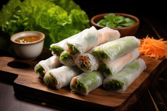 image of spring rolls scattered loosely on a dark wood table