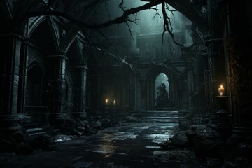 Vampire gate castle indoor. King travel. Generate Ai - obrazy, fototapety, plakaty