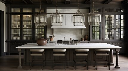 A refined kitchen with cabinets showcasing glass fronts and understated hardware.