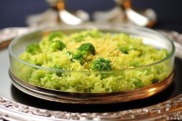 broccoli rice serving on a round mirrored dish