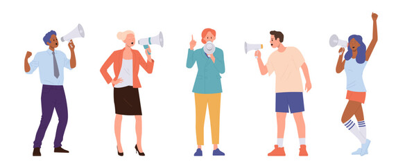 Isolated set of diverse people cartoon male female characters with megaphone protesting and striking