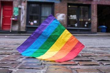 a defaced pride flag lying on a dirty street