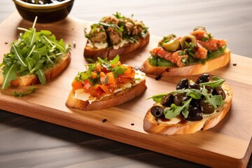 trio of bruschetta with arugula, olives, and avocado on a wooden board