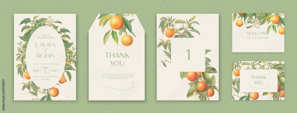 Wall mural wedding invitation card design, tangerine branches and fruits wedding invite, colorful spring floral - Wall murals