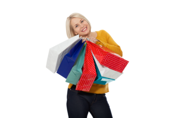 Trendy beautiful happy blond woman carrying colorful tote bags shopping isolated on white banner background