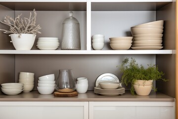 Fototapeta na wymiar ceramic bowls and plates perfectly arranged in a modern kitchen cabinet