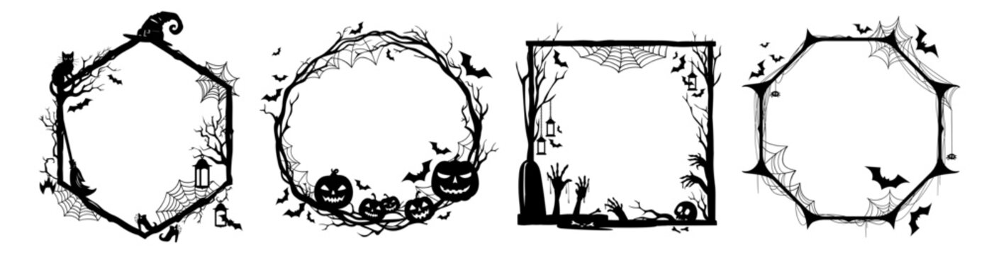 Halloween holiday black frames set. Trick or treat scary silhouettes vector borders with horror pumpkins, bats, witch hat and cat. Cobweb, cemetery tombstones, zombie hand and skull frames templates