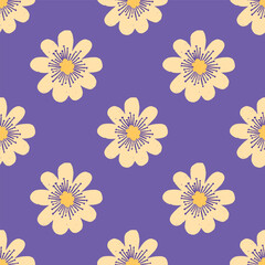 Seamless vector pattern with funky rue anemone wildflowers in cream and yellow on a bold purple background. Modern botanical illustration perfect for fabric, stationery, accessories, digital paper.