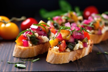 colorful bruschetta with pickled turnips and cable knit background