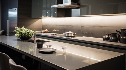 A sleek culinary space with a glass backsplash and minimalist hardware.