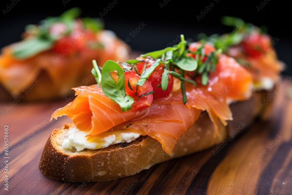 Sticker close view of smoked salmon topped on a bruschetta