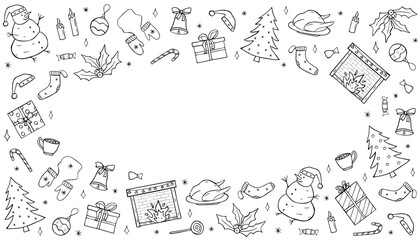 Christmas and New Year set of doodle icons. Vector illustration of cartoon hand draw elements of the symbol of Christmas.