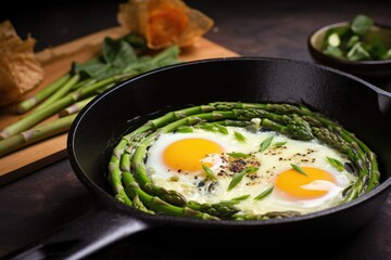 quail egg omelette with chopped asparagus in a skillet