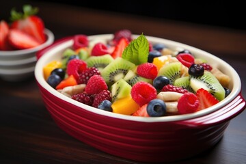 berry mix fruit salad in an oval ceramic dish