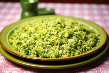 broccoli rice on a vivid green plate contrasting against white table