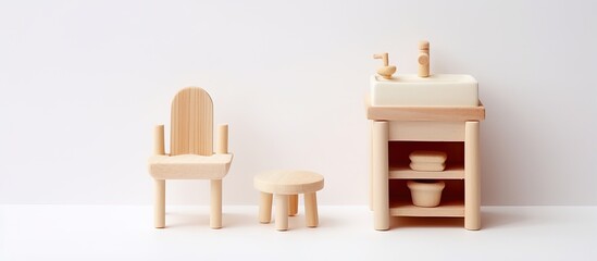 Miniature wooden bathroom furniture on white background Dollhouse bathroom and toilet