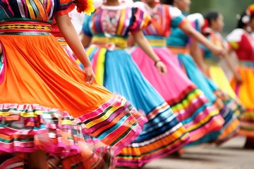  The colorful layers skirt female outfits for the cultural Mexican dance on a festival day at the public space show, Mexican folk dance. Generative AI. © Surachetsh