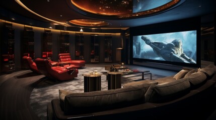 A state-of-the-art entertainment room with a sprawling curved display and immersive audio.