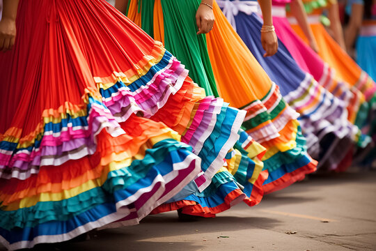 The colorful layers skirt female outfits for the cultural Mexican dance on a festival day at the public space show, Mexican folk dance. Generative AI.