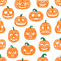 Halloween mexican pumpkins seamless pattern. Day of the Dead Dia De Los Muertos holiday vector background of orange pumpkins with carved faces, smiles and papel picado paper cut ornaments