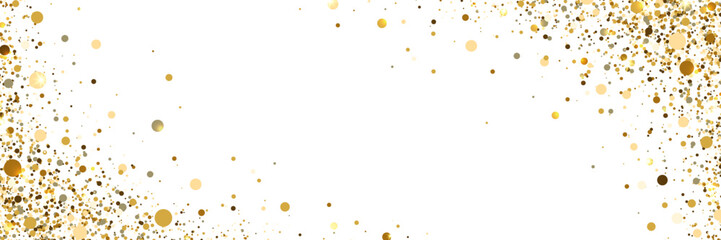 Gold glitter frame. Golden flying particle background. Sparkling paper confetti long banner. Christmas card. Luxury celebration border. Holiday party design. Magic star dust. Vector illustration