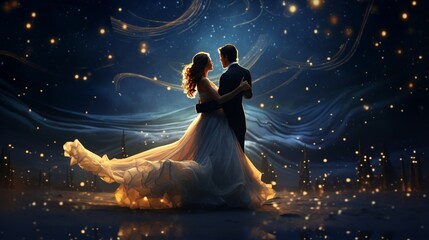 Fototapeta na wymiar A bride and groom dancing under a starry night sky