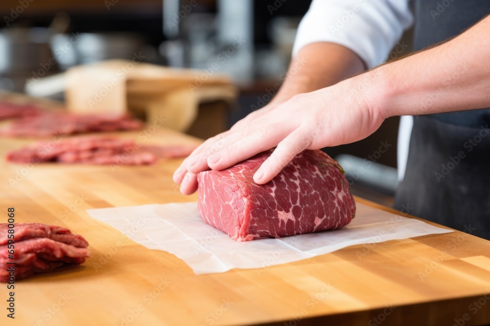 Poster hand wrapping a burger in a deli paper