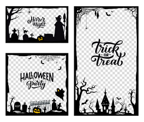 Halloween black frame templates for social media and storytelling. Vector silhouettes of witch, ghost, bats and cemetery, trick or treat horror night pumpkin, castle and spiders frame border lines
