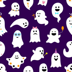Halloween cute kawaii ghosts characters seamless pattern. Trick or treat holiday horror night monsters vector background of flying white spirits. Cartoon phantoms personages with magic wand, balloons