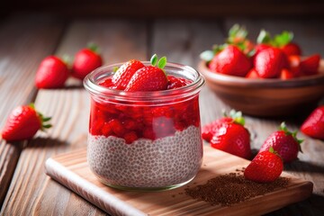 chia pudding with strawberries on a wooden table
