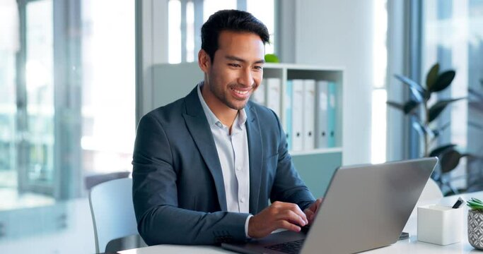 Happy, laptop and typing business man, bank consultant or admin worker smile for research report, project or data. Company computer, administration and professional person working on online account