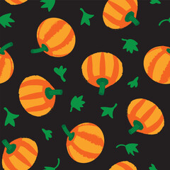 Orange pumpkins seamless vector pattern background. Repeating hand drawn pumpkin silhouette with green leaves on black backdrop. Halloween or agricultural design for packaging, branding, marketing.