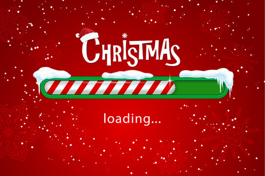 Christmas loading bar with candy cane slider, snow and Santa hat. Holiday vector Xmas or New Year load countdown on red background with snowflakes. Winter eve coming soon greeting card or web design