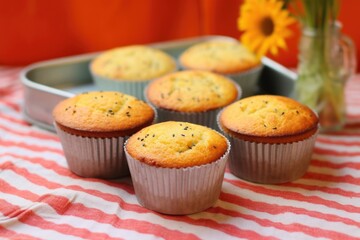 gluten-free orange and poppy seed muffins on a vibrant orange cloth
