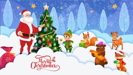 Christmas paper cut snow waves, pine tree, cartoon Santa and cute animals with gifts. Christmas winter holiday paper cut vector wallpaper. New Year 3d background with elf, squirrel, bear and deer, fox